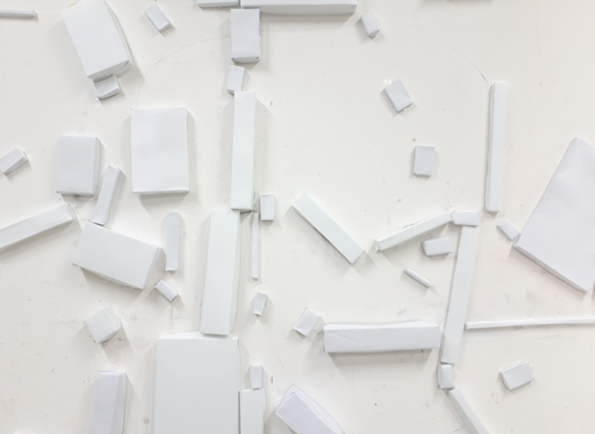 Soojeong Park, Residual Constructs, 2018, Paper cubes on 3 walls of art studio
