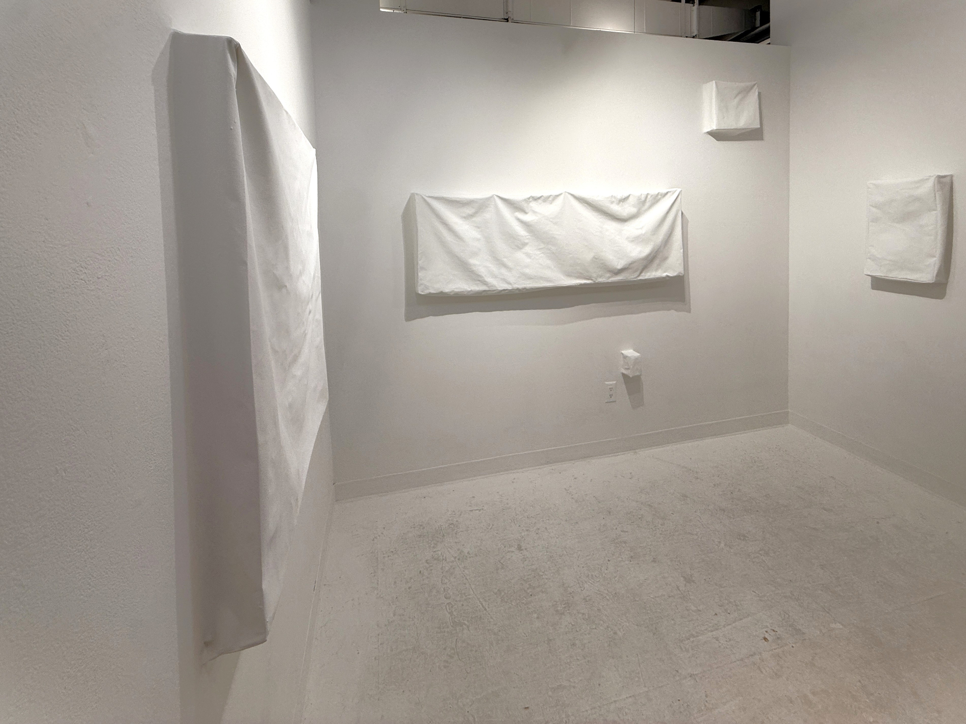 Soojeong Park, Living Surfaces, 2026, Installation, sewn canvas, nails, L-shaped stand, gesso, wall putty, wall paint, bass shakers, exciters, amplifiers, MP3 player, electrical wires