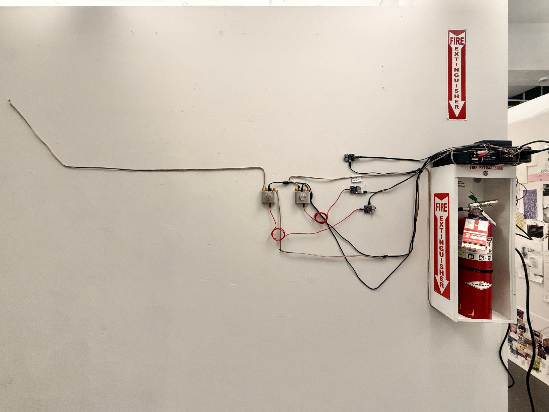Soojeong Park, Living Surfaces, 2026, Installation, sewn canvas, nails, L-shaped stand, gesso, wall putty, wall paint, bass shakers, exciters, amplifiers, MP3 player, electrical wires (view 7 of 8)
