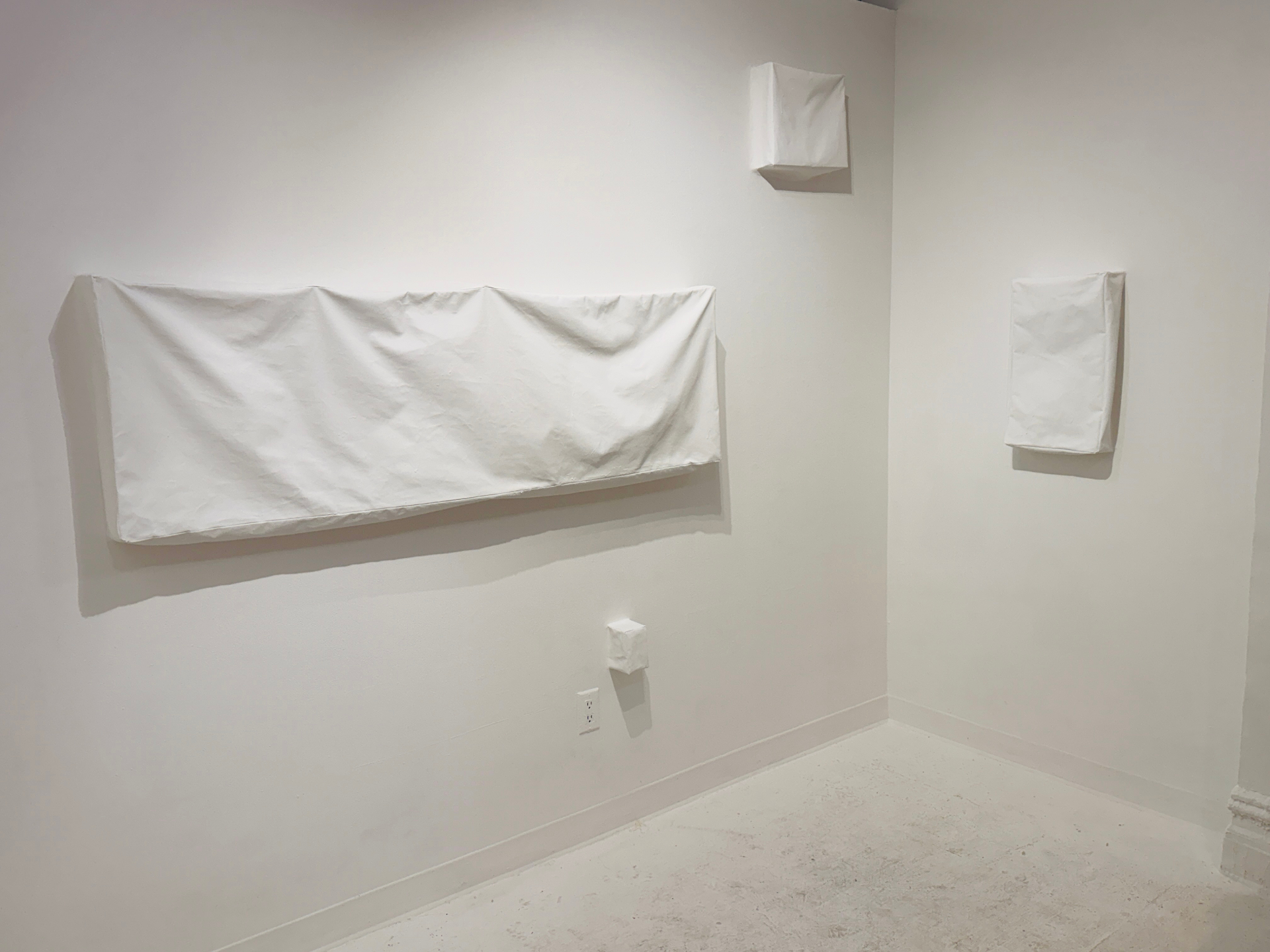 Soojeong Park, Living Surfaces, 2026, Installation, sewn canvas, nails, L-shaped stand, gesso, wall putty, wall paint, bass shakers, exciters, amplifiers, MP3 player, electrical wires (view 1 of 8)