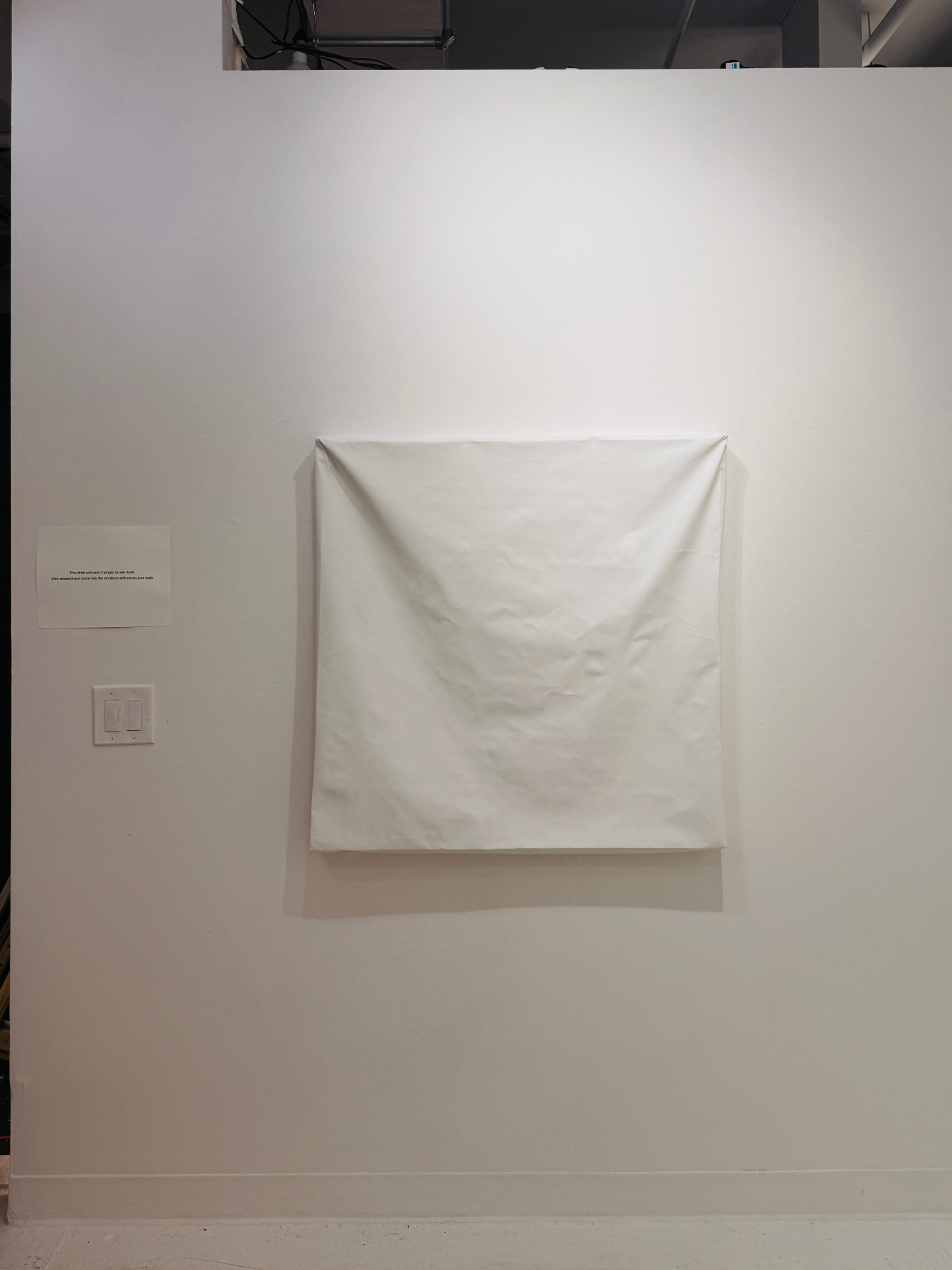 Soojeong Park, Living Surfaces, 2026, Installation, sewn canvas, nails, L-shaped stand, gesso, wall putty, wall paint, bass shakers, exciters, amplifiers, MP3 player, electrical wires (view 2 of 8)