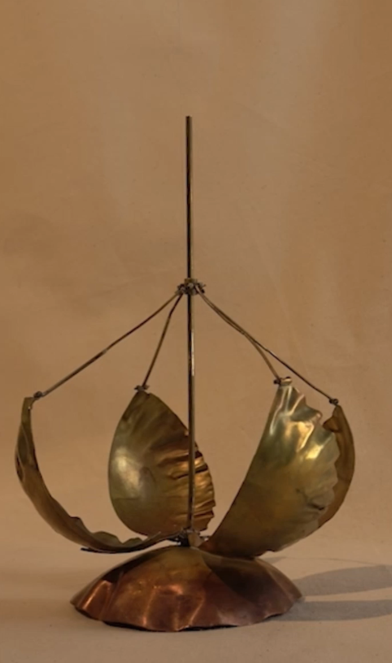 Soojeong Park, Working Buds, 2024, Kinetic sculpture, Brass, motors, pulleys, bearings, wood, iron, and fishing line