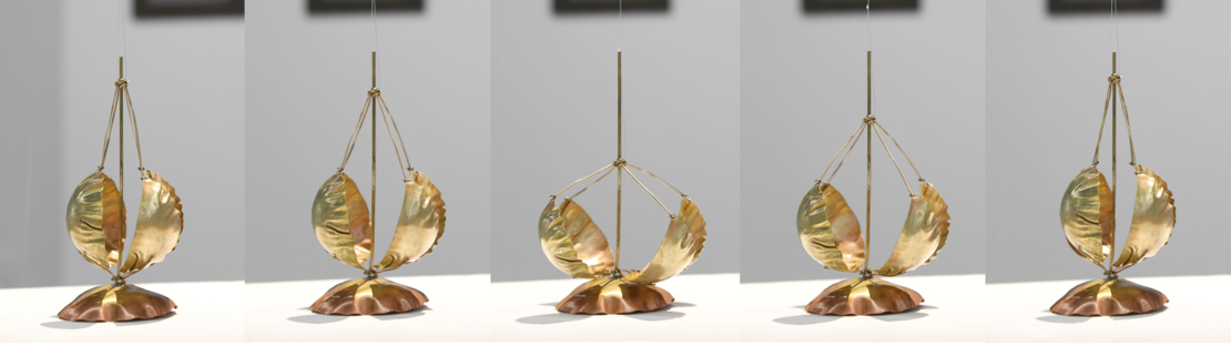 Soojeong Park, Working Buds, 2024, Kinetic sculpture, Brass, motors, pulleys, bearings, wood, iron, and fishing line