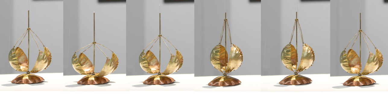Soojeong Park, Working Buds, 2024, Kinetic sculpture, Brass, motors, pulleys, bearings, wood, iron, and fishing line