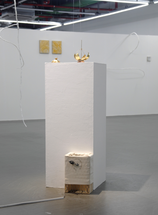 Soojeong Park, Working Buds, 2024, Kinetic sculpture, Brass, motors, pulleys, bearings, wood, iron, and fishing line